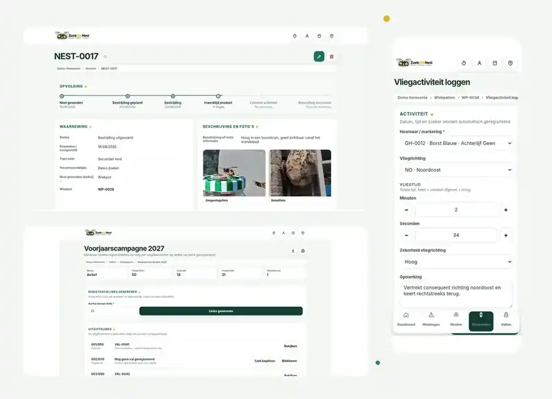 ZoekHetNest-interface met demo-nestopvolging, valcampagne en mobiele vliegactiviteit