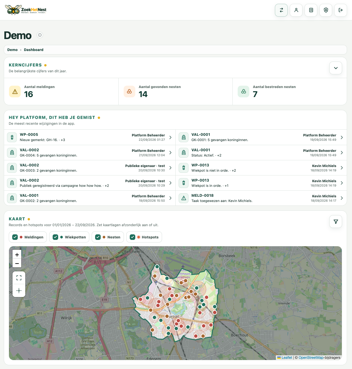 Visual van het dashboard met kerncijfers, recente wijzigingen en kaartoverzicht.